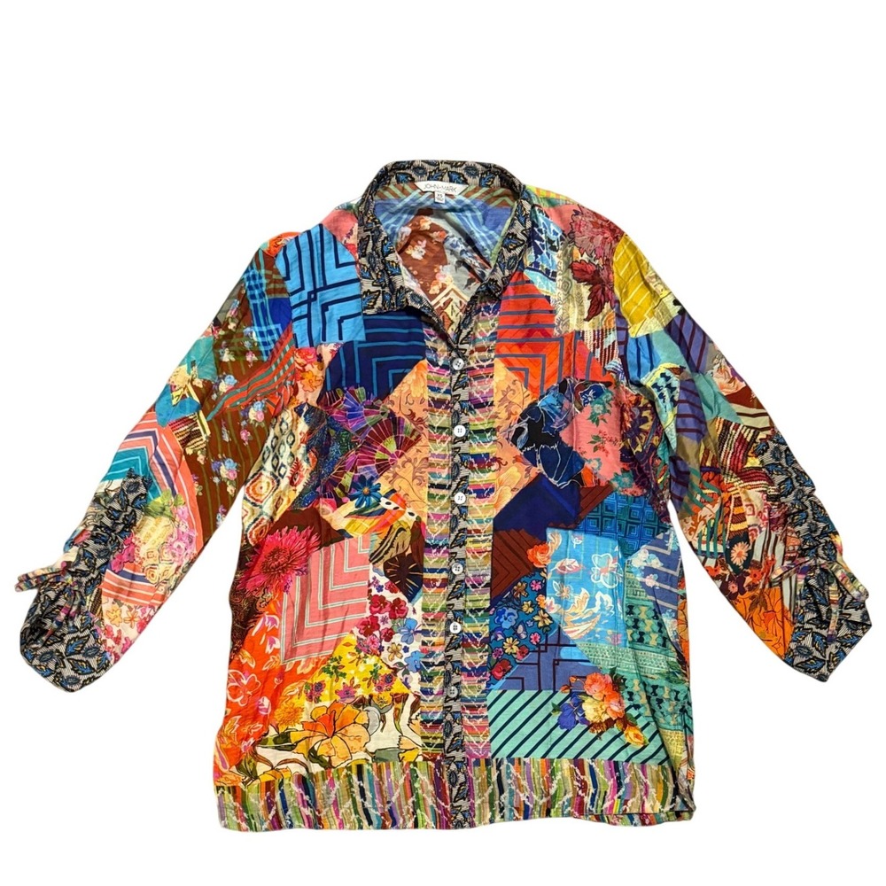 NWT John Mark Patchwork Floral Geometric Ruched Sleeve Button Down Shirt XS